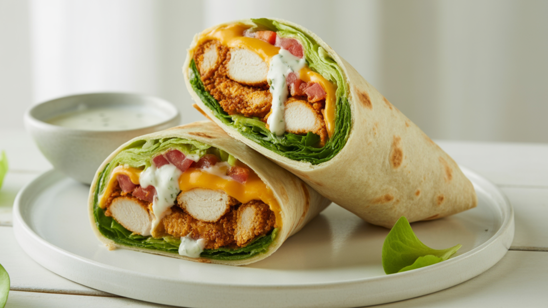 Overhead shot of crispy chicken ranch wraps served with a small bowl of ranch dressing.