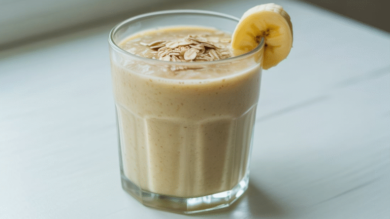 "Vibrant green smoothie served in a clear glass jar with reusable straw, surrounded by fresh ingredients like spinach, banana, and oats."