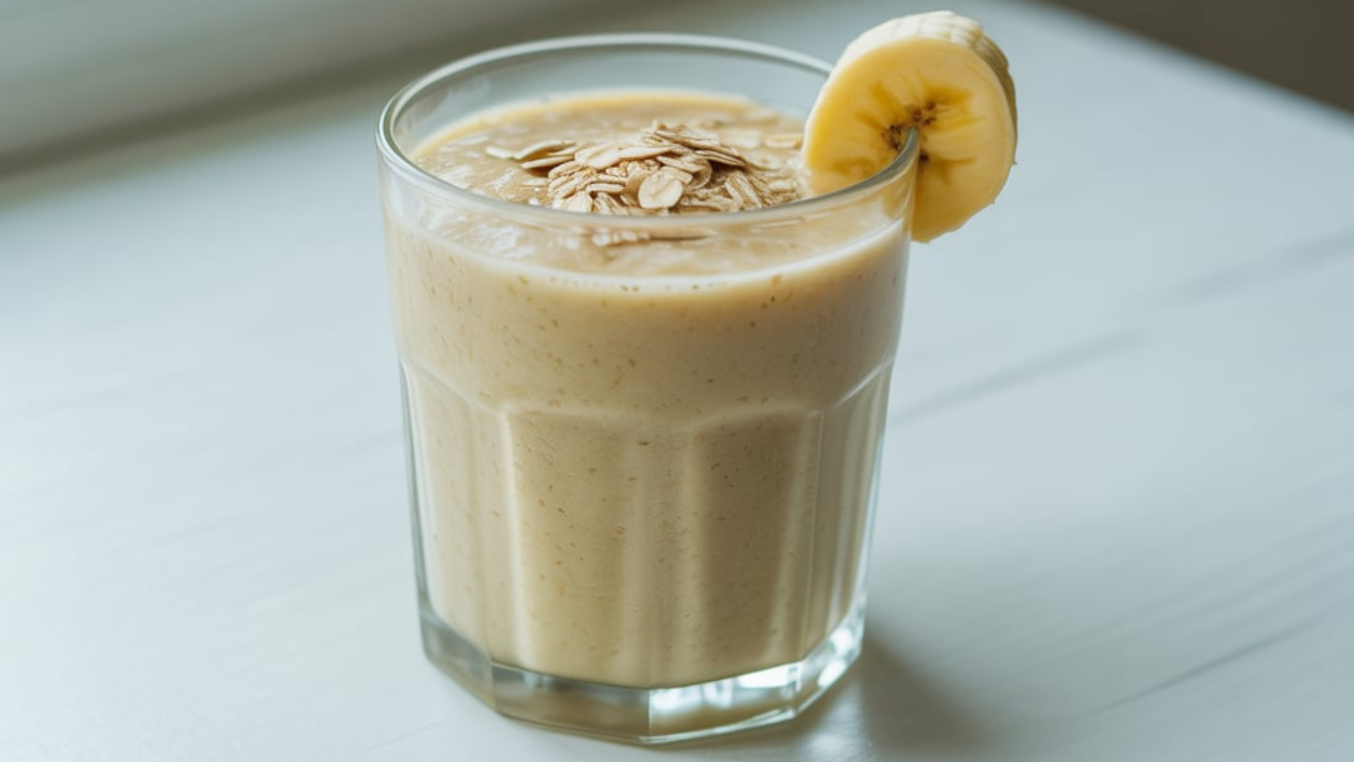 "Vibrant green smoothie served in a clear glass jar with reusable straw, surrounded by fresh ingredients like spinach, banana, and oats."