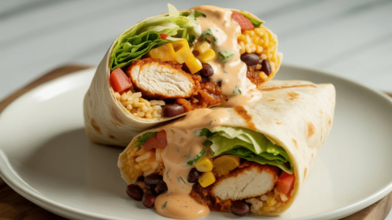 “Close-up of a grilled chicken burrito cut in half, showing juicy chicken, melted cheese, rice, black beans, and fresh veggies, drizzled with creamy chipotle ranch sauce on a white plate.”