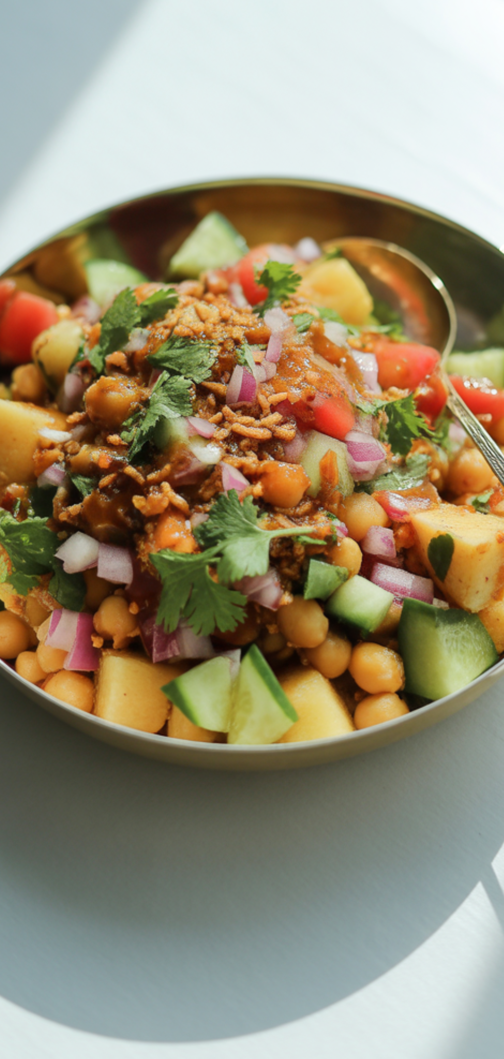 A colorful bowl of Aloo Chana Chaat with golden boiled potatoes, chickpeas, chopped onions, tomatoes, cucumber, drizzled with tamarind and mint chutney, garnished with sev and fresh coriander, served on a white table with a silver spoon.