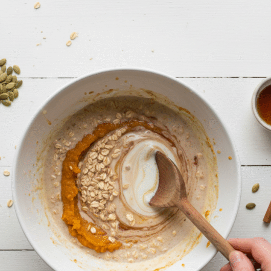 Pumpkin spice overnight oats with honey drizzle and crunchy nuts styled like a food blogger photo.