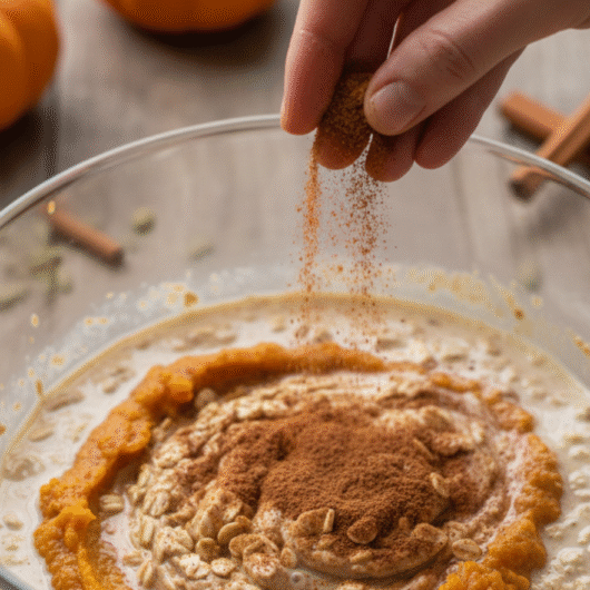 Cozy autumn breakfast of pumpkin overnight oats surrounded by small pumpkins and fall leaves.