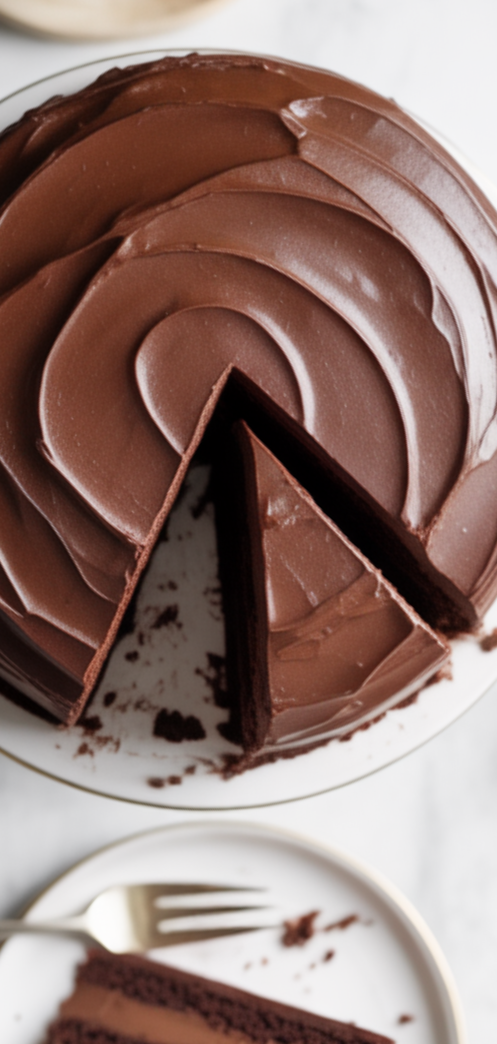 “Rich and moist Midnight Fudge Cake topped with creamy chocolate frosting on a white plate.”