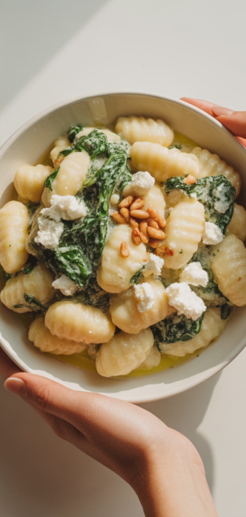 Creamy gnocchi with fresh spinach and crumbled feta in a white bowl on a bright white table