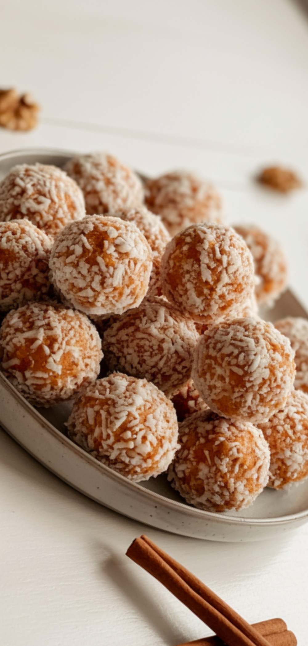 A close-up shot of several no-bake carrot cake bites, some rolled in desiccated coconut, arranged on a rustic wooden board. The bites are a warm, orange-brown color with visible specks of carrot and spices.