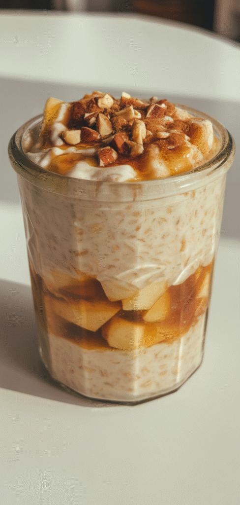Close-up of overnight oats with apple chunks, honey drizzle, and a sprinkle of cinnamon in a clear jar, styled for a cozy fall breakfast.