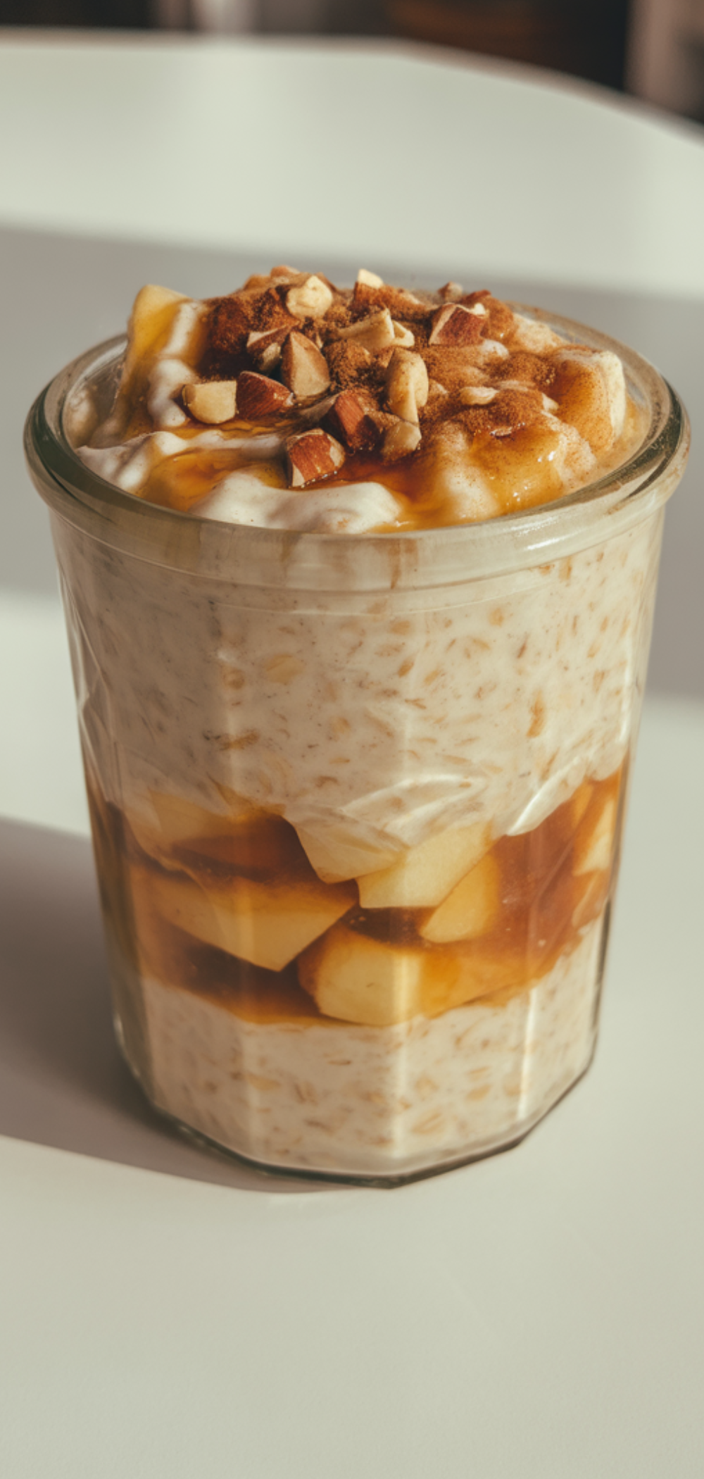  Healthy apple pie overnight oats layered with applesauce and oats in a mason jar, surrounded by fresh apples and a spoon on the sid
