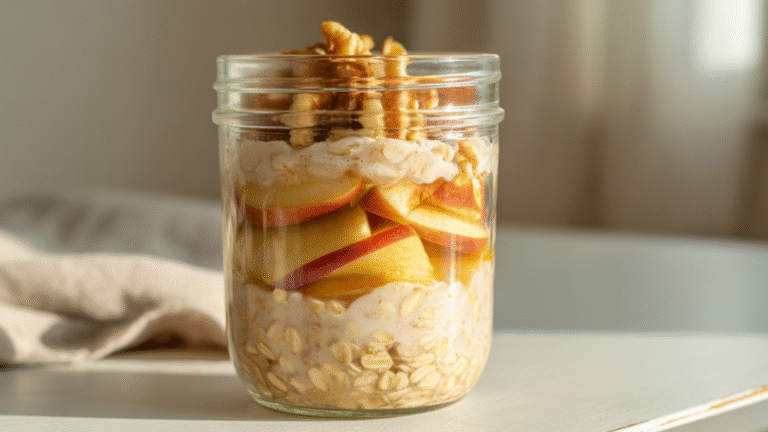 A glass jar filled with creamy apple pie overnight oats topped with cinnamon-spiced apples and chopped nuts on a white table under soft morning light.