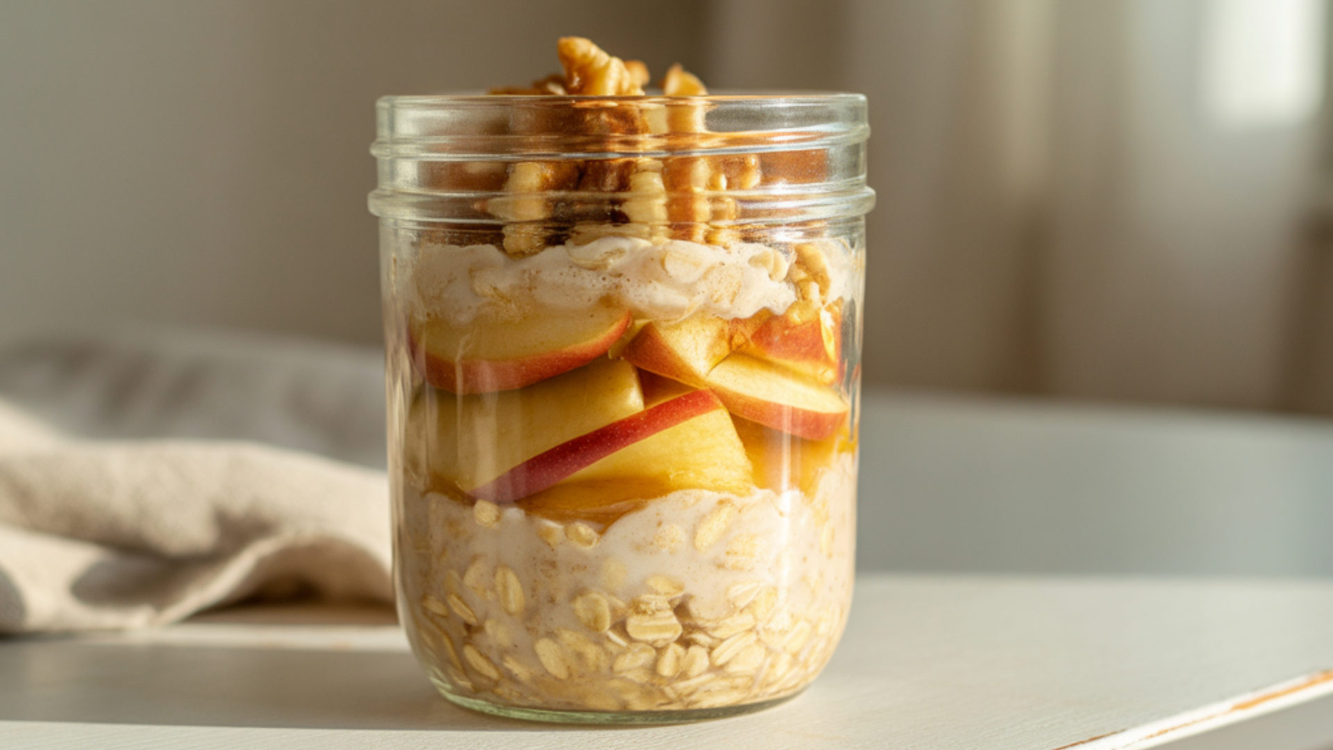 A glass jar filled with creamy apple pie overnight oats topped with cinnamon-spiced apples and chopped nuts on a white table under soft morning light.