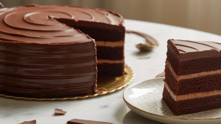 “Family-style table scene with slices of Midnight Fudge Cake shared on dessert plates.”