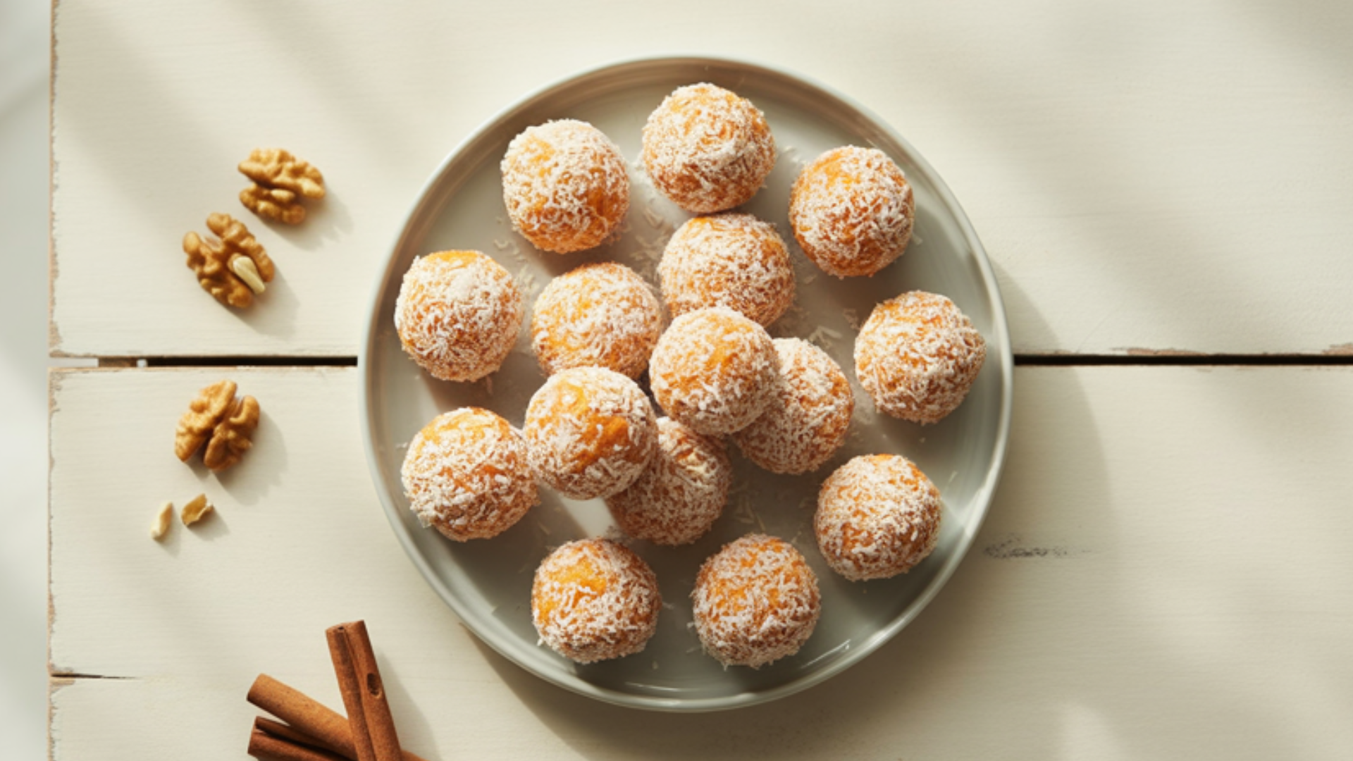 All the ingredients for the no-bake carrot cake bites are laid out on a clean counter. Ingredients include a bowl of grated carrots, a pile of rolled oats, dates, raisins, spices in small dishes, and a drizzling of maple syrup.