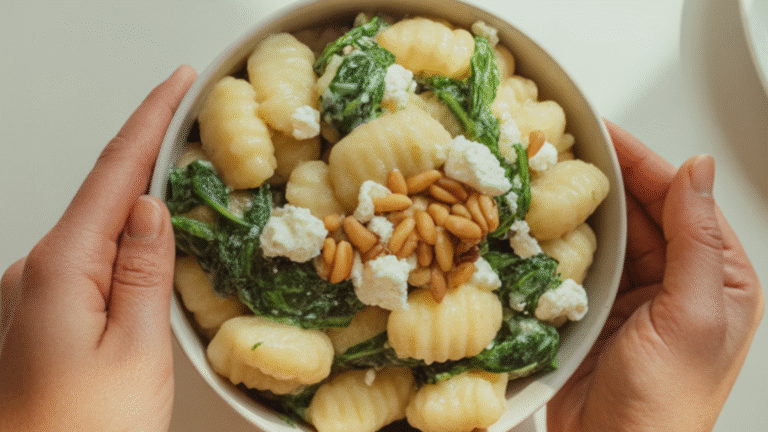 Delicious plate of spinach and feta gnocchi with a drizzle of olive oil, ready to serve