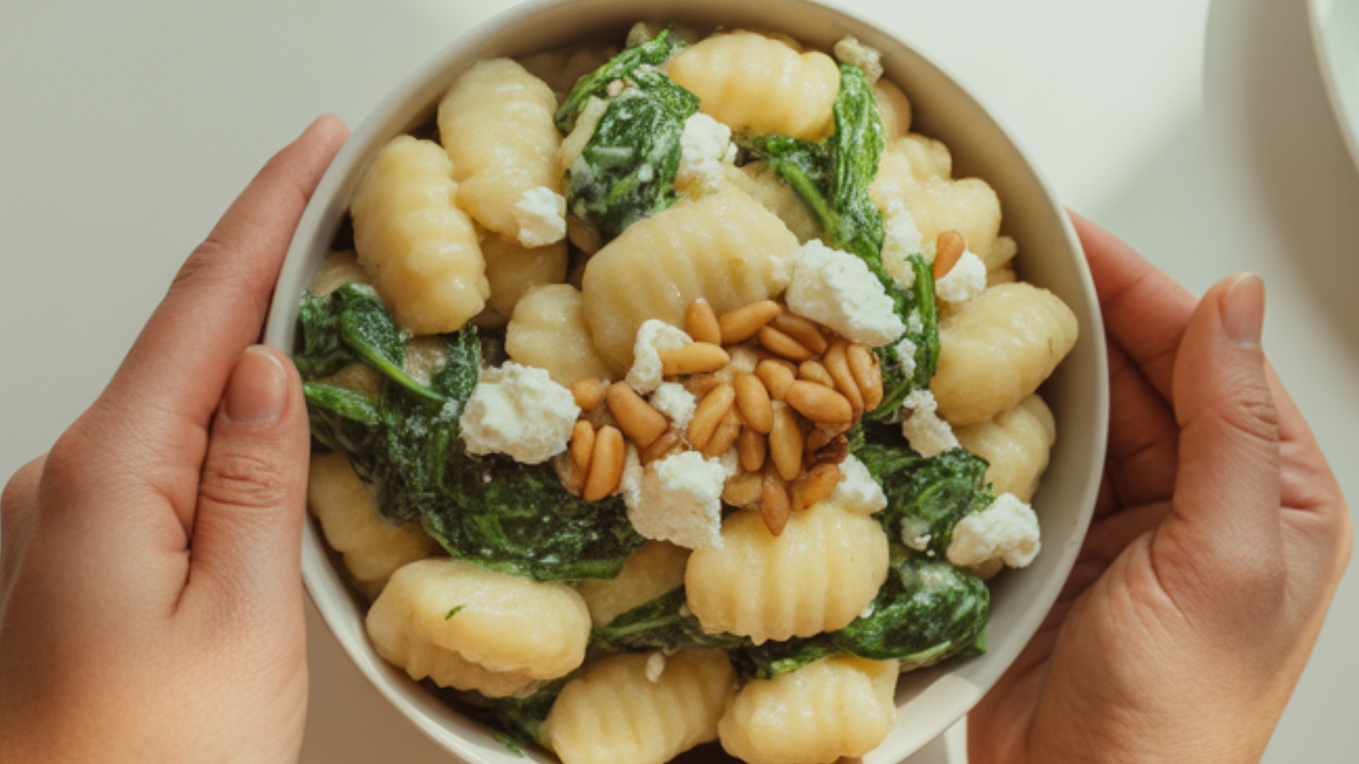 Delicious plate of spinach and feta gnocchi with a drizzle of olive oil, ready to serve