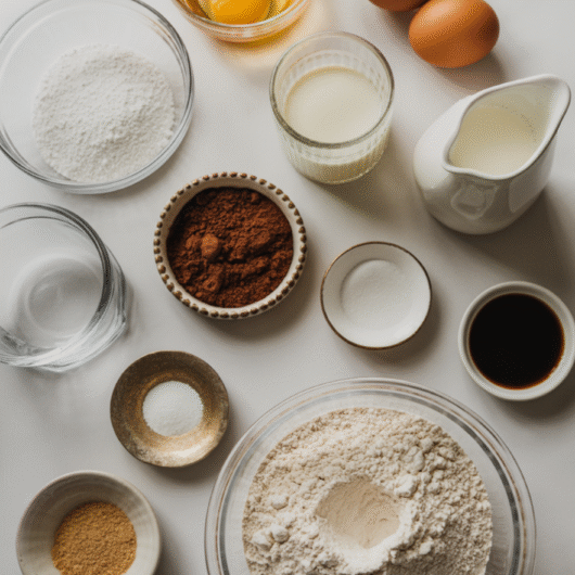 “Ingredients for Midnight Fudge Cake arranged neatly on a white table — cocoa, flour, sugar, and eggs.”