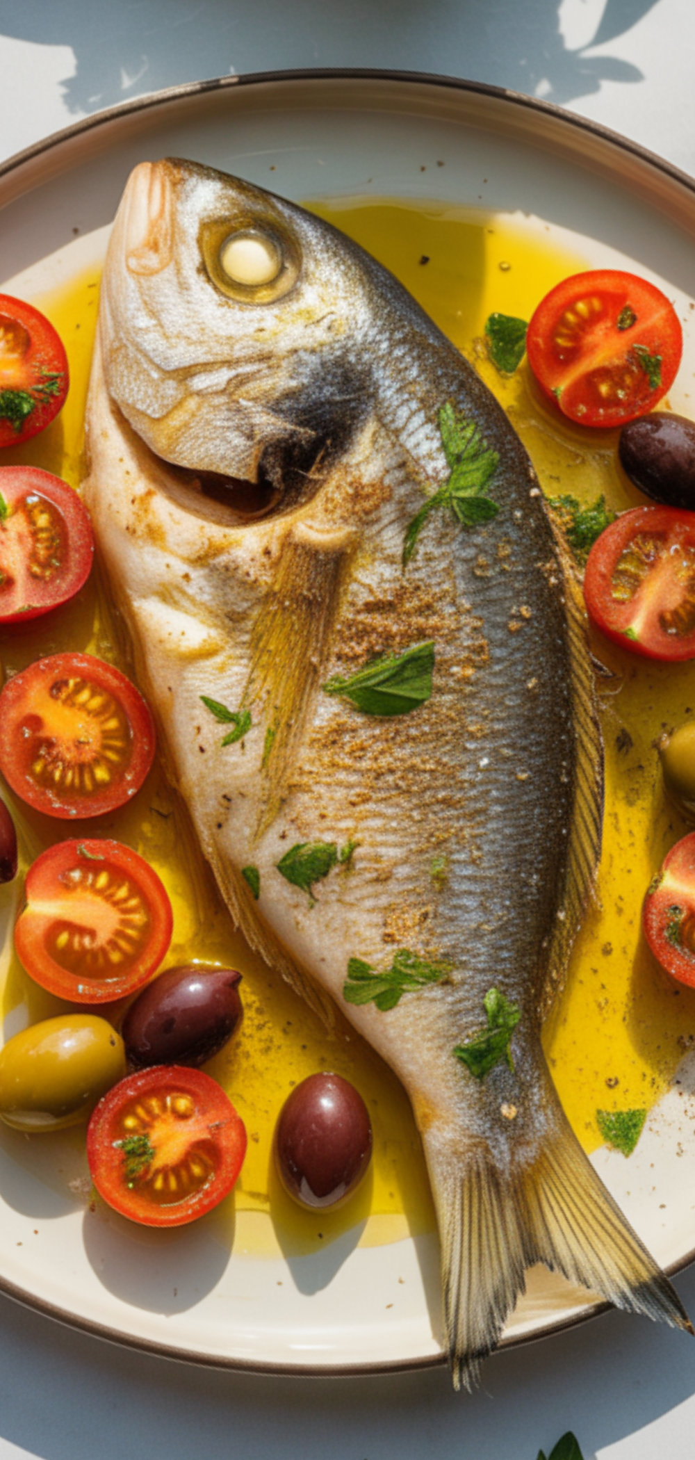“Easy weeknight Mediterranean fish recipe in white dish.”