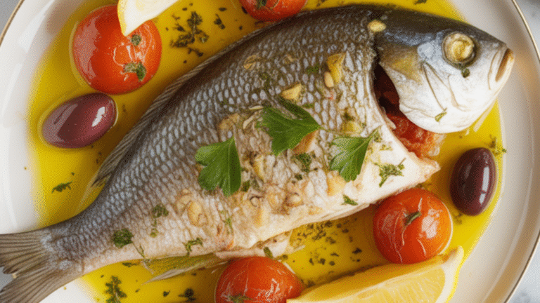 “Baked Mediterranean fish with tomatoes and olives on a white plate.”