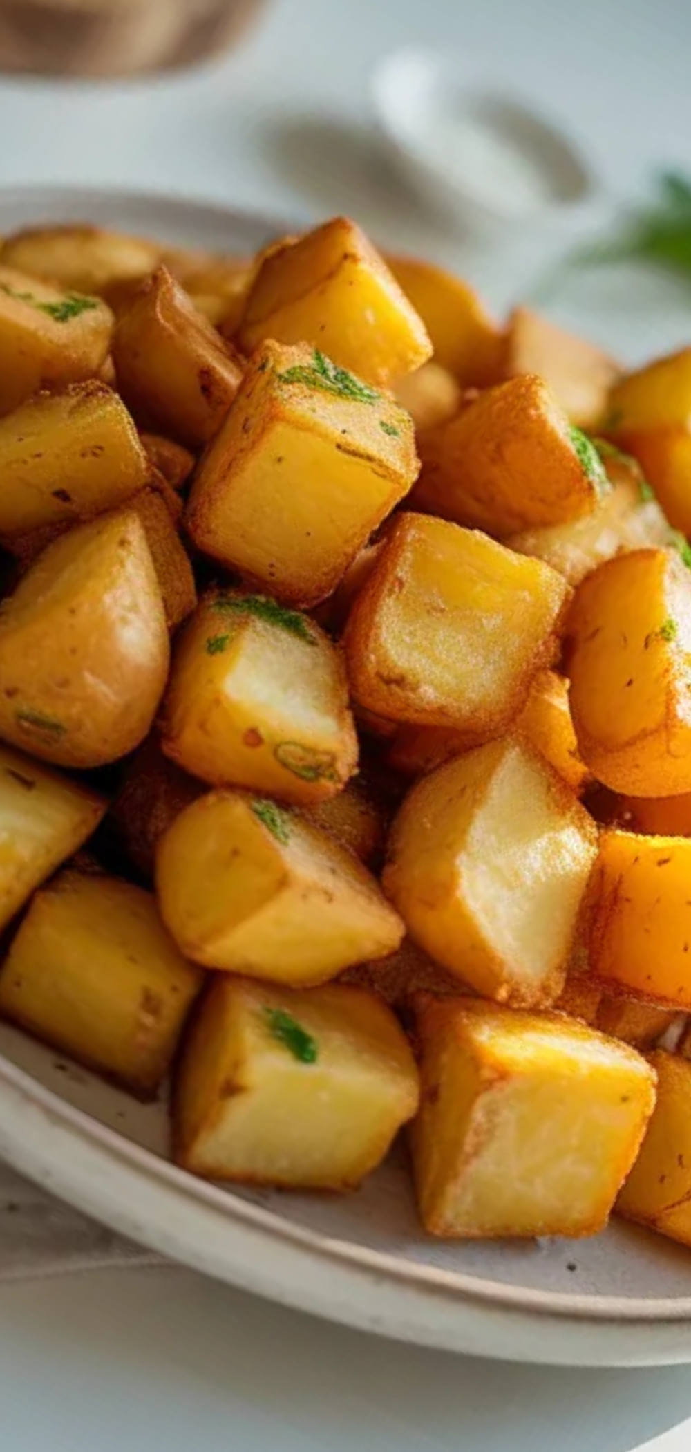 Easy homemade air fryer potato cubes, golden brown and ready to serve as a snack or side dish