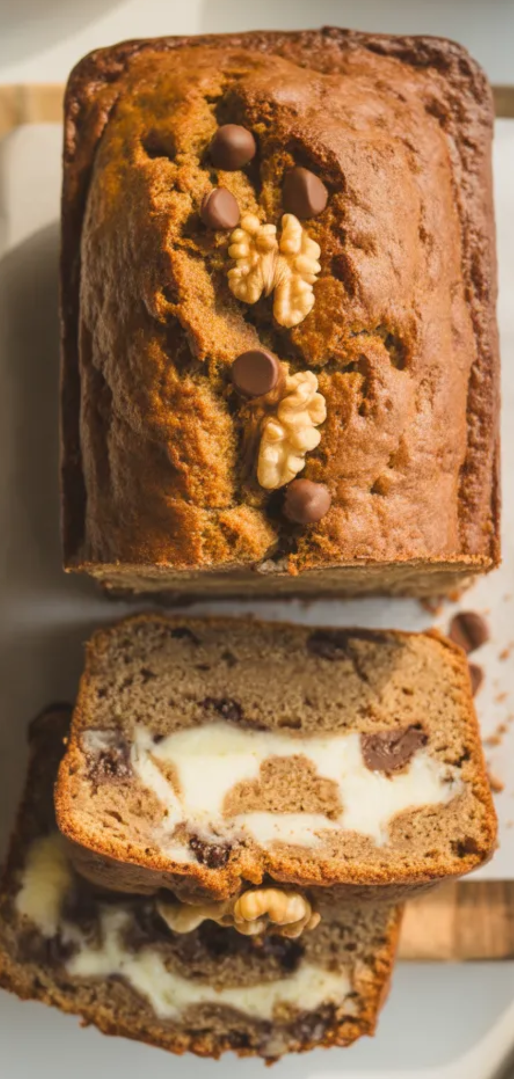 A sliced loaf of moist banana bread made with cottage cheese on a white table, golden brown crust, soft fluffy interior, with chocolate chips and walnuts on top, styled like a food blogger shot.