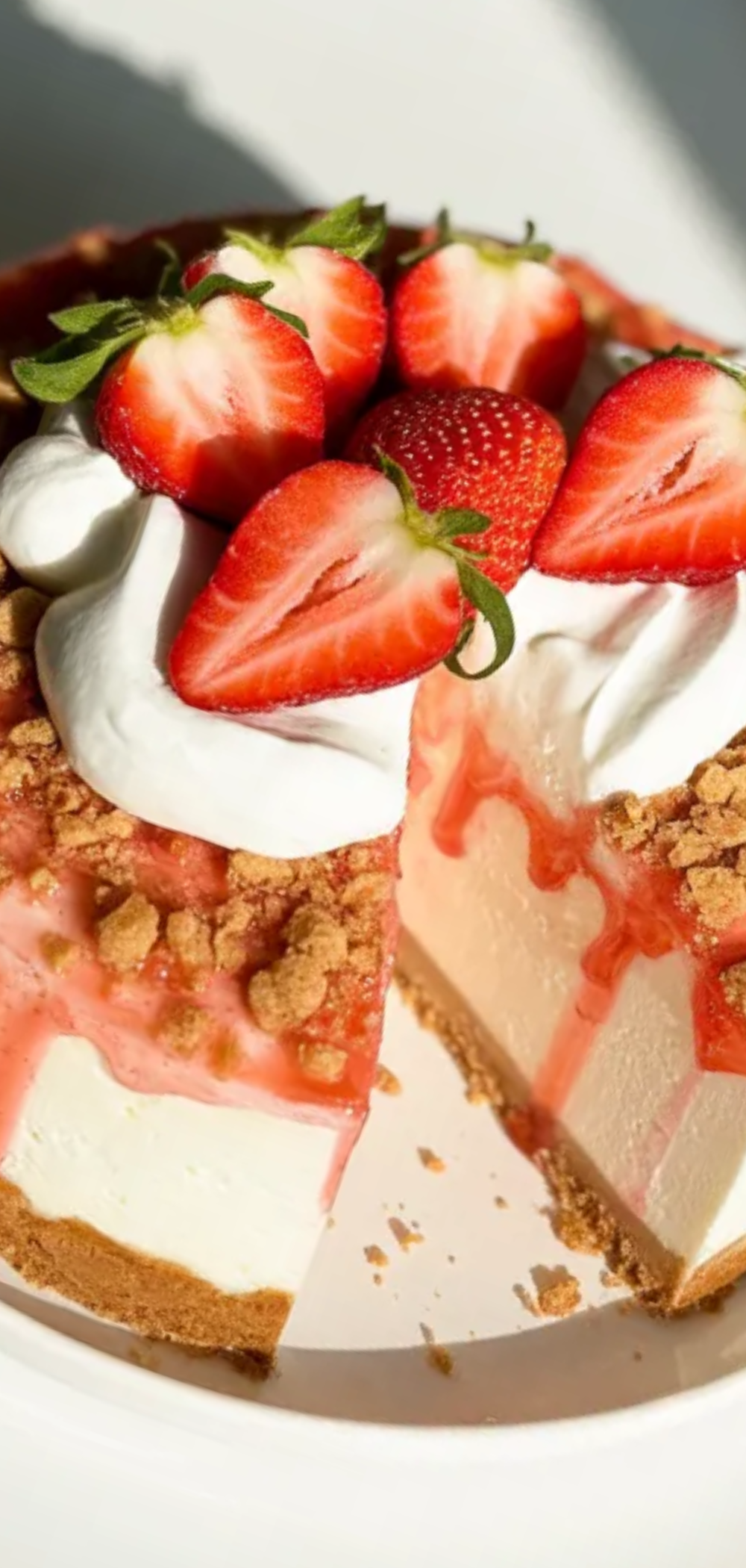 Homemade strawberry crunch cheesecake with golden crust and soft creamy filling, served on a white plate with natural light