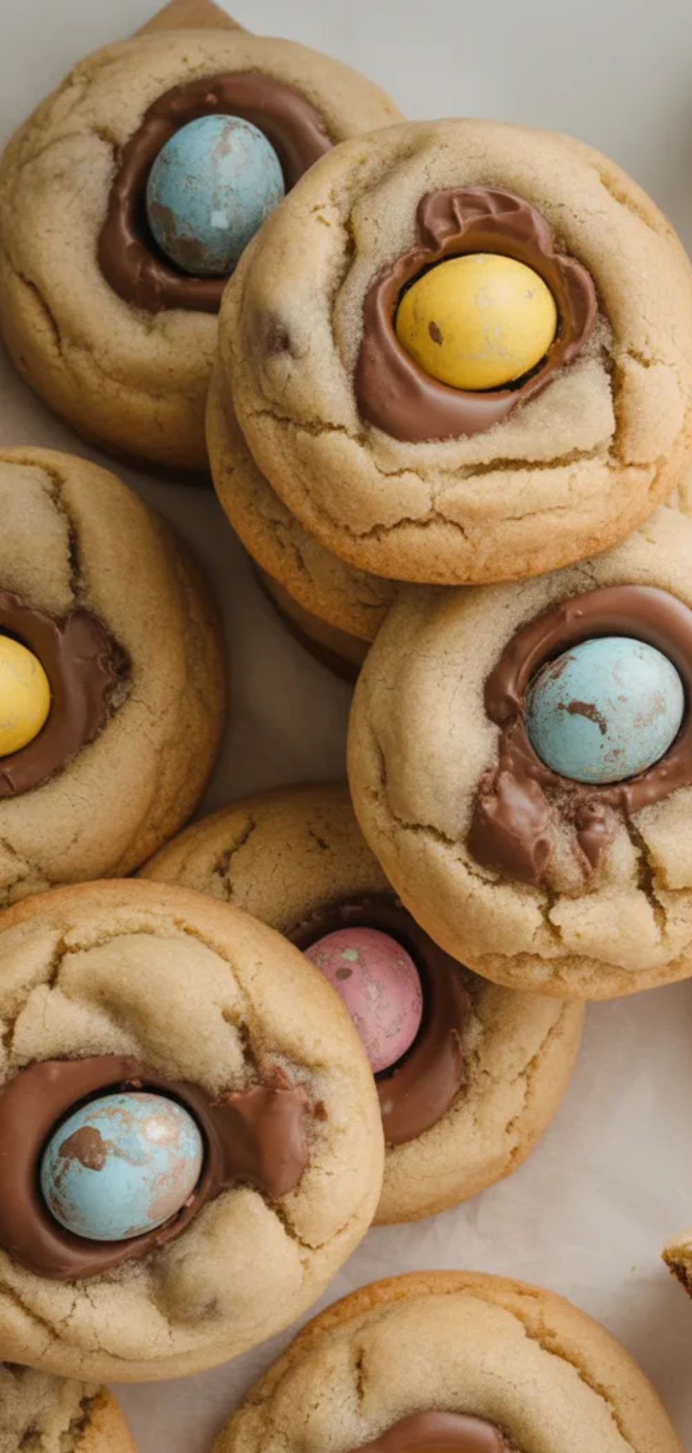 Freshly baked soft and chewy brown butter cookies with colorful Cadbury mini eggs, crumbs scattered on a casual kitchen table.