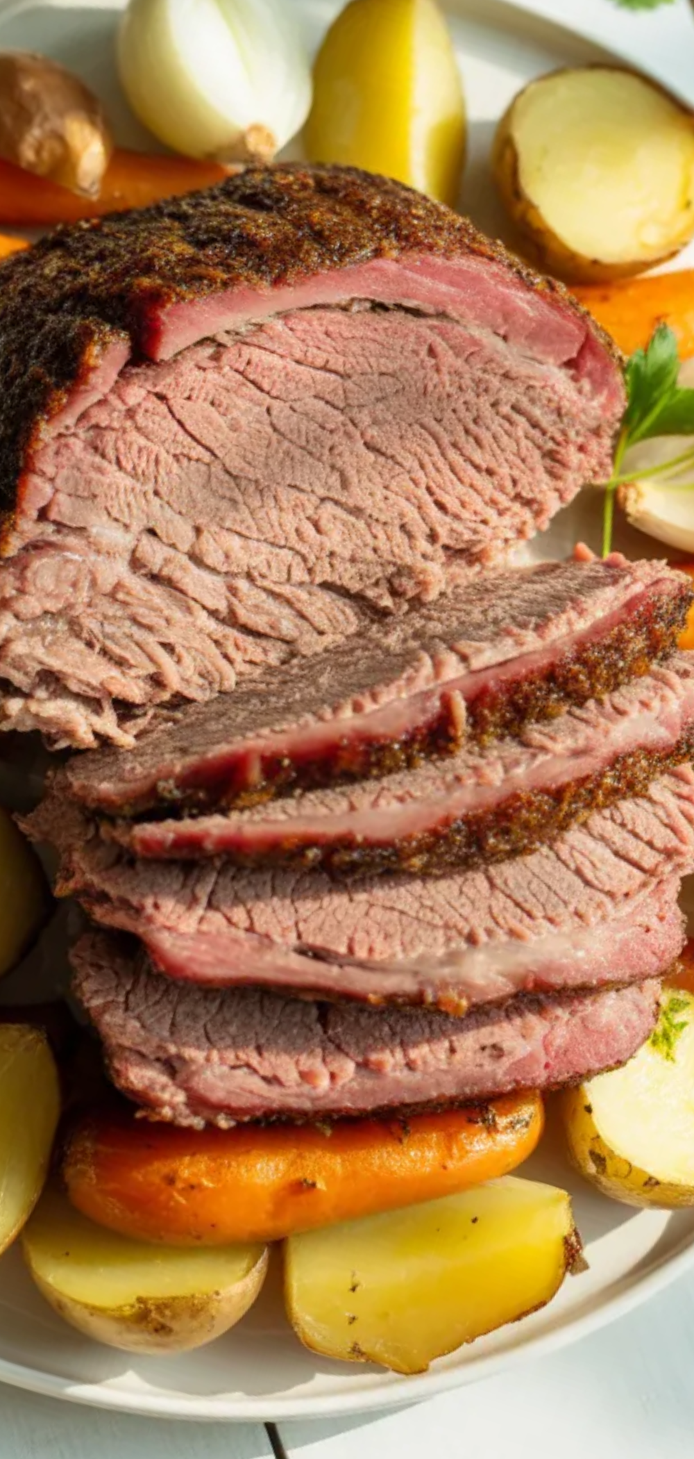 “Oven-baked corned beef served with colorful roasted vegetables, perfect for a comforting homemade meal.” 🧄🥕🥬