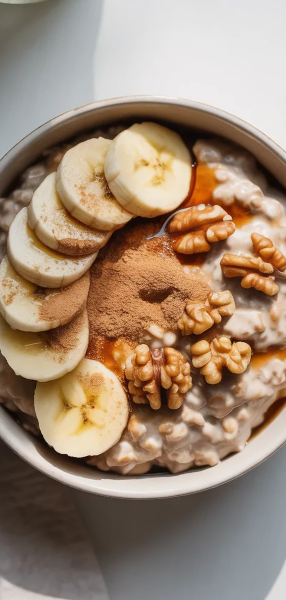 Top-down view of Healthy Cinnamon Roll Overnight Oats with banana slices, chopped nuts, and drizzle of maple syrup, styled like a professional food blogger photo on a white table