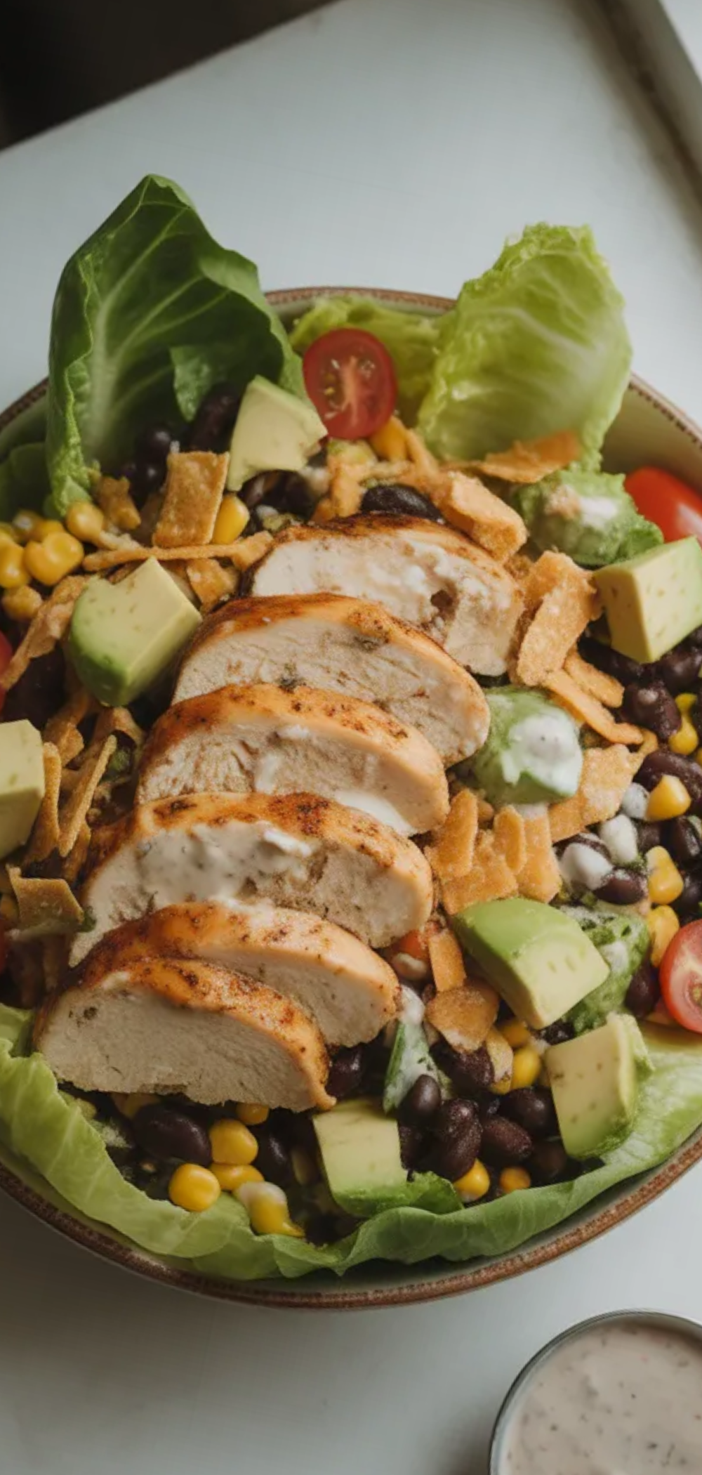 Healthy Spicy Southwest Salad with lettuce, cherry tomatoes, avocado, and tortilla strips