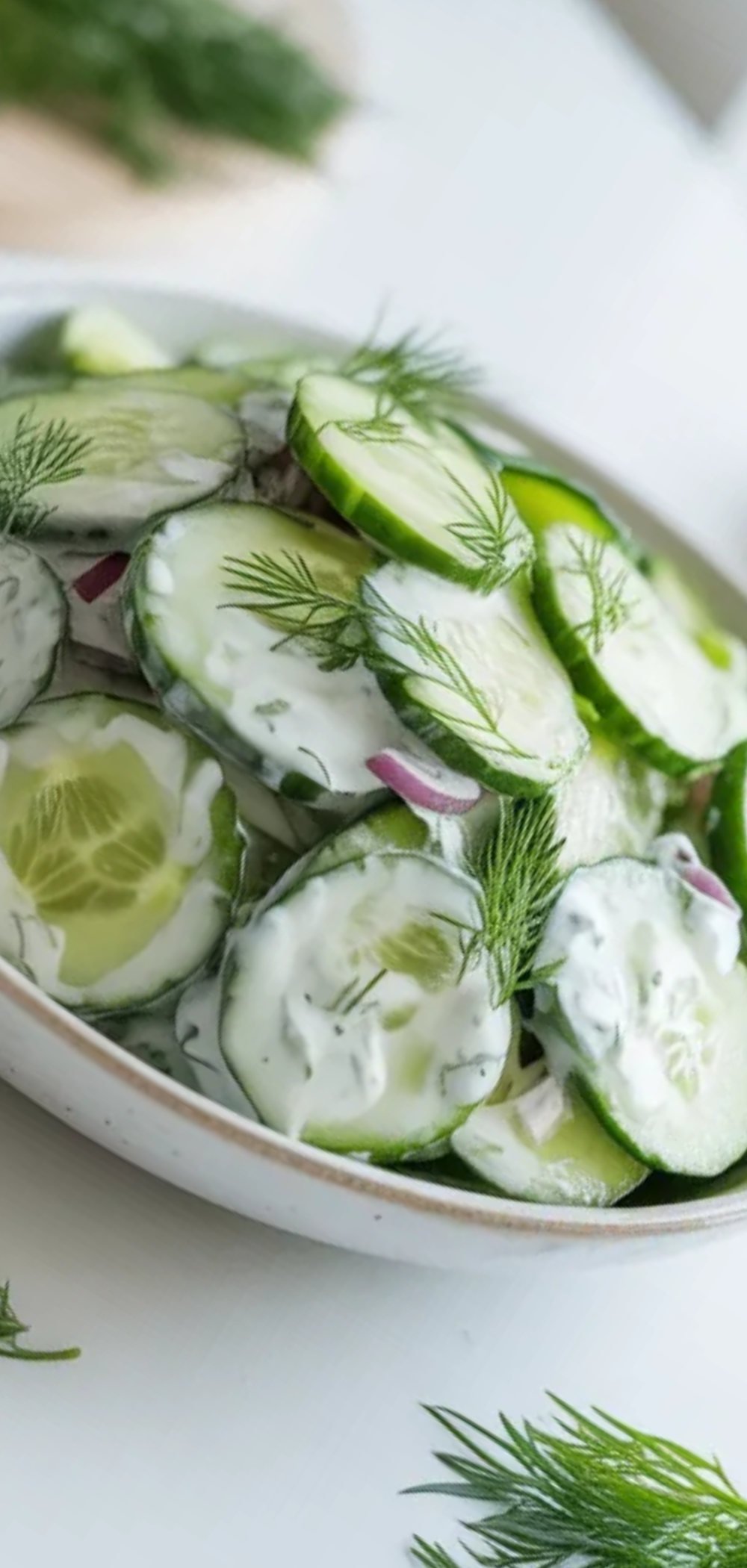 Fresh cucumber dill salad with creamy dressing and herbs