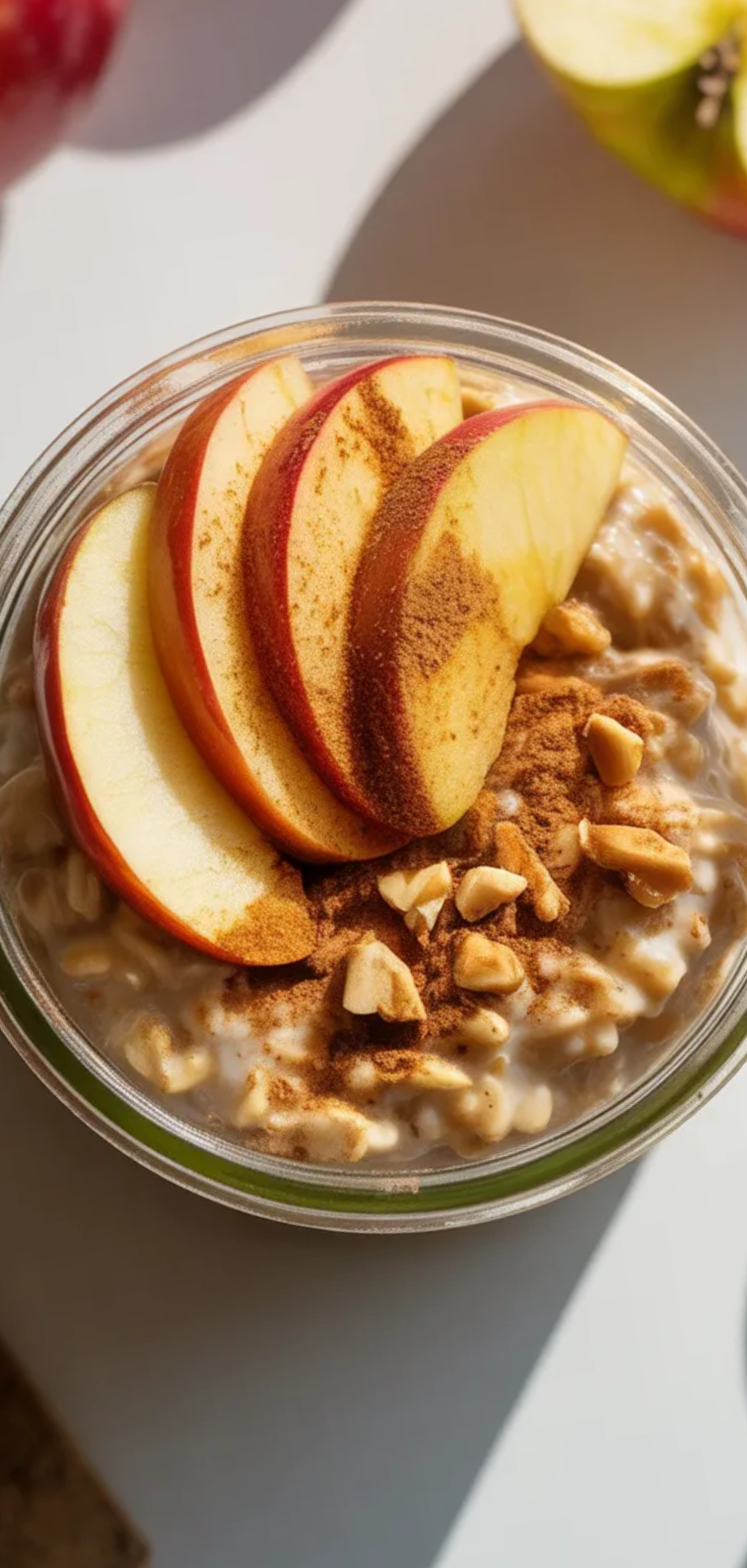 Healthy apple cinnamon overnight oats topped with chopped apples and nuts served in a mason jar on a clean white background with bright morning lighting