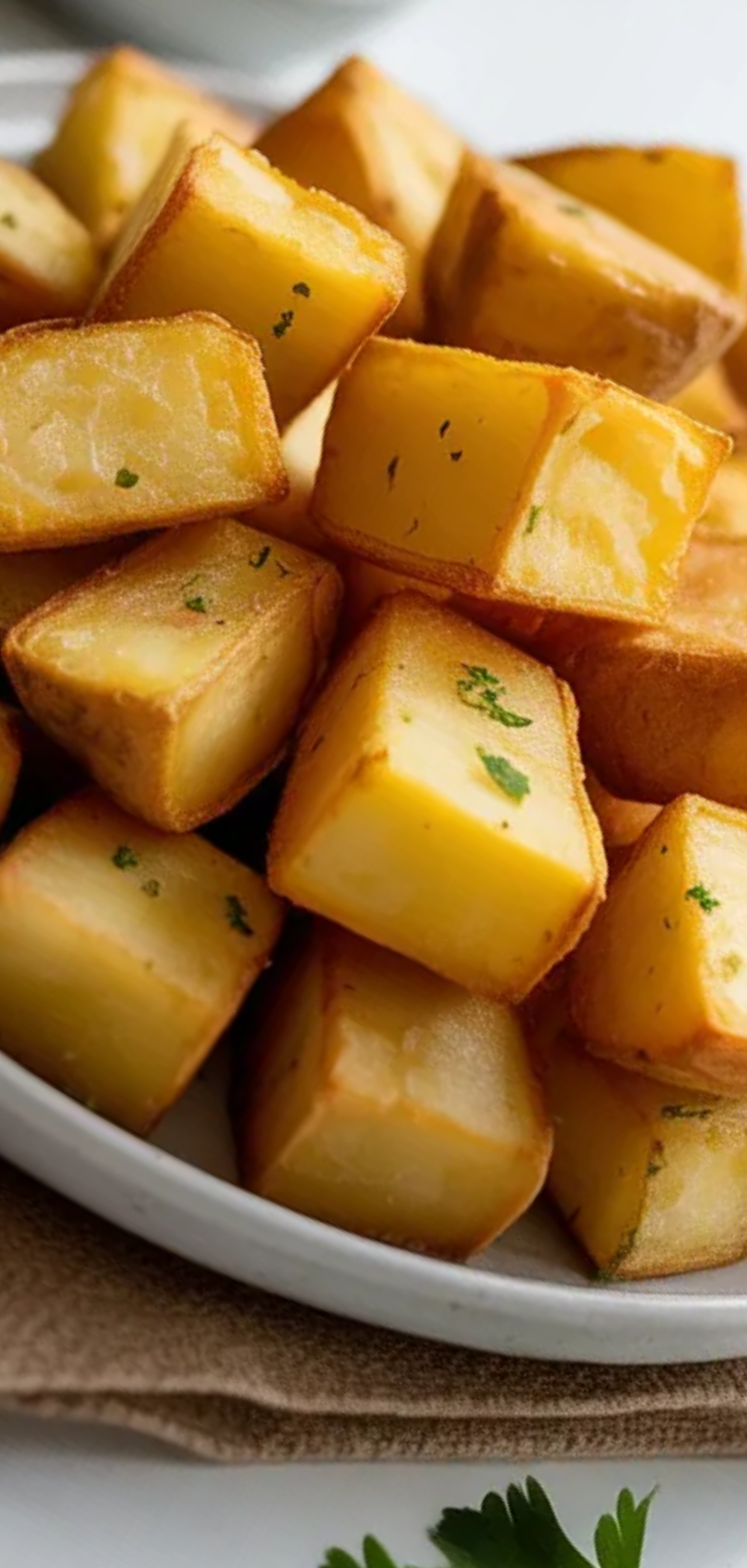 Close-up of perfectly cooked potato cubes with crispy edges and soft inside on a clean white table