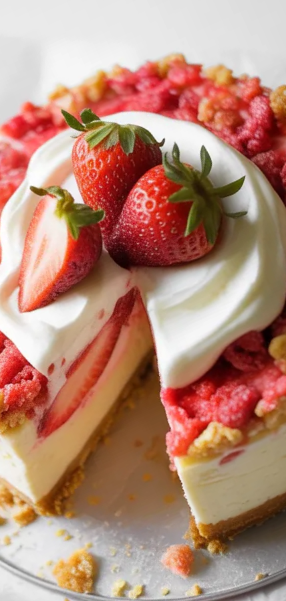 Slice of strawberry crunch cheesecake showing smooth layers and crunchy strawberry topping with crumbs on a clean white background π
