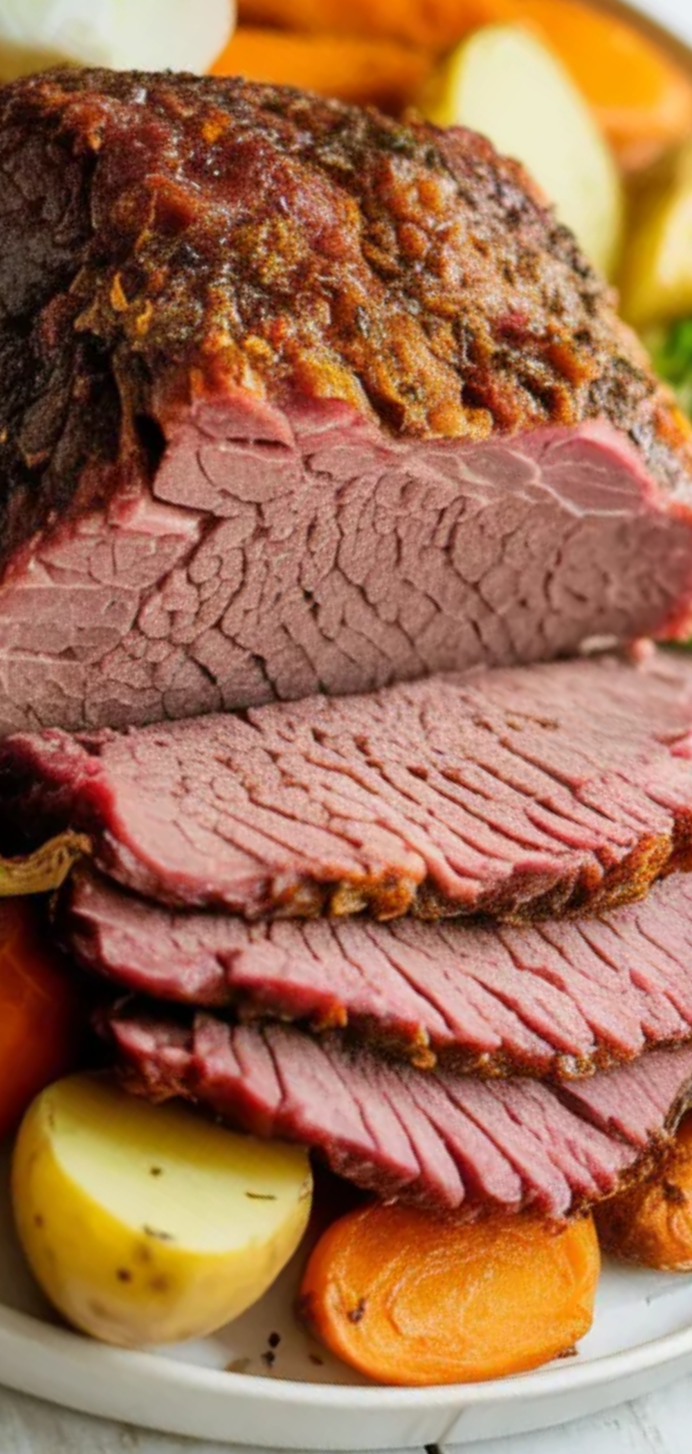 “Close-up of tender corned beef with a golden crust, fresh parsley garnish, on a white table with soft natural lighting.” 🍖✨