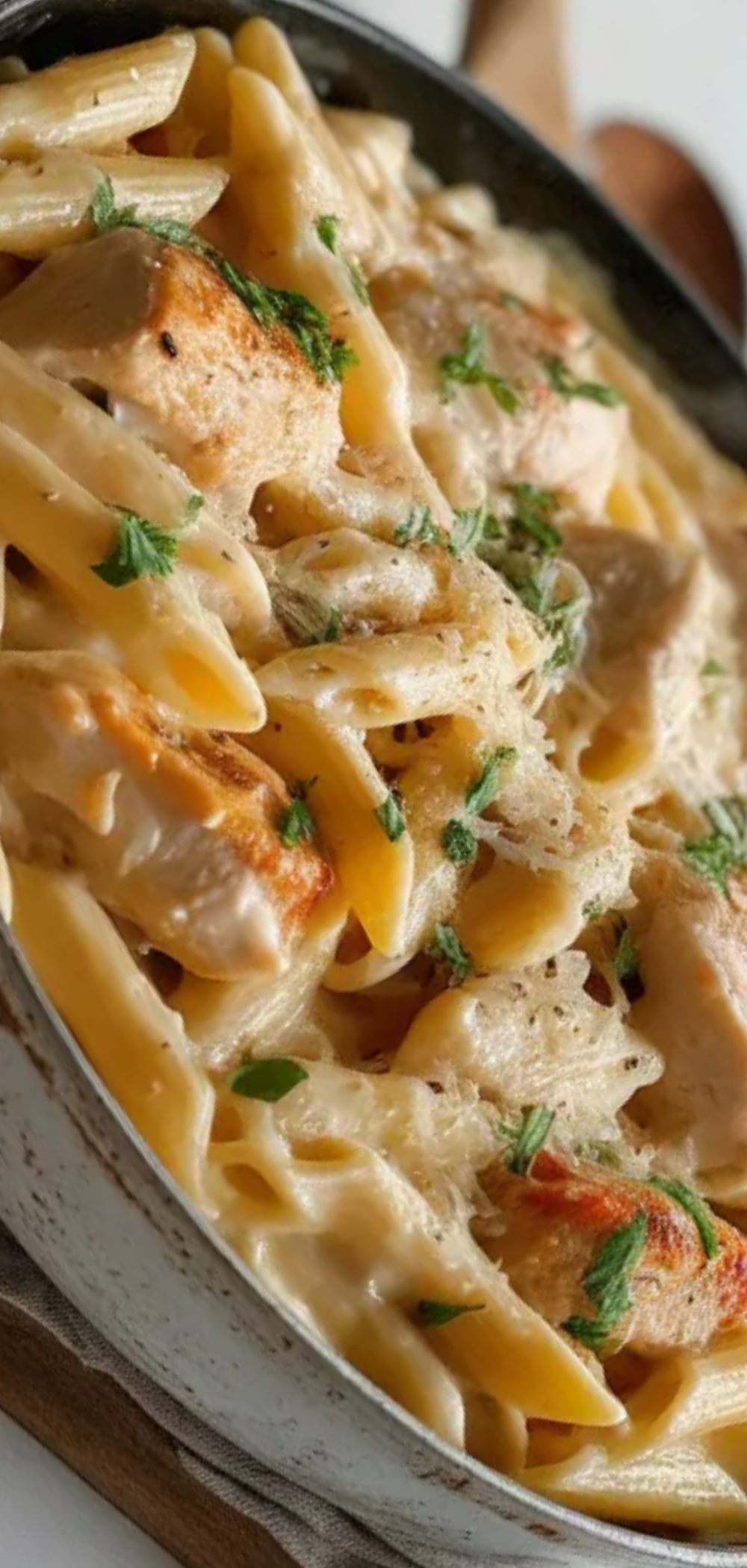 “Close-up of one-pan creamy chicken pasta with creamy sauce, tender chicken pieces, and pasta, served on a clean white table with soft natural lighting”