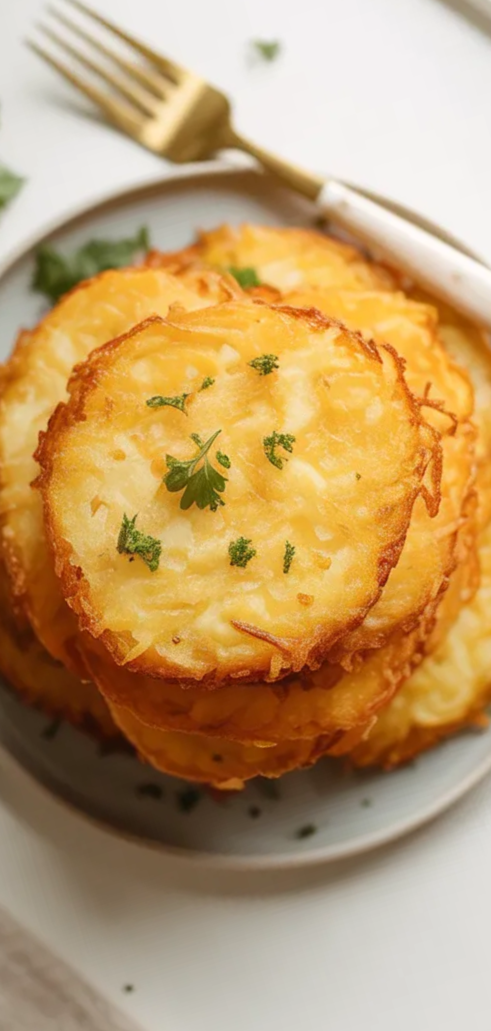 Crispy golden potato hash browns served on a white plate with ketchup on the side on a bright white table