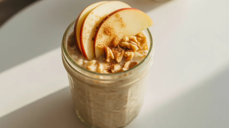 Apple cinnamon overnight oats in a glass jar on a white table with fresh apple slices and a sprinkle of cinnamon on top in soft natural light