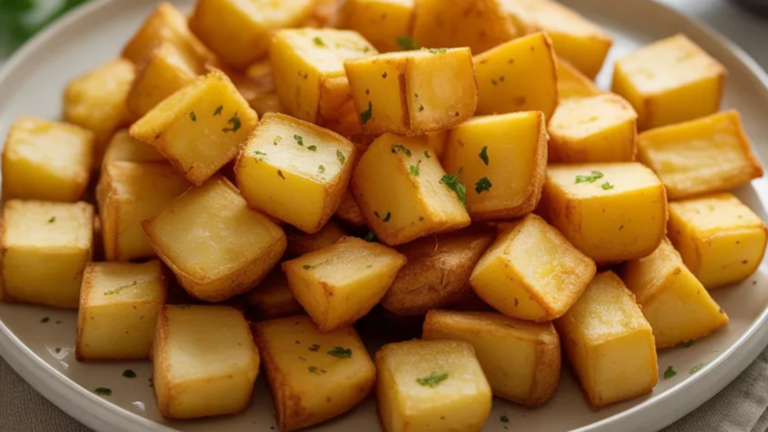 Golden crispy air fryer potato cubes on a white plate, garnished with parsley and served with a small bowl of ketchup
