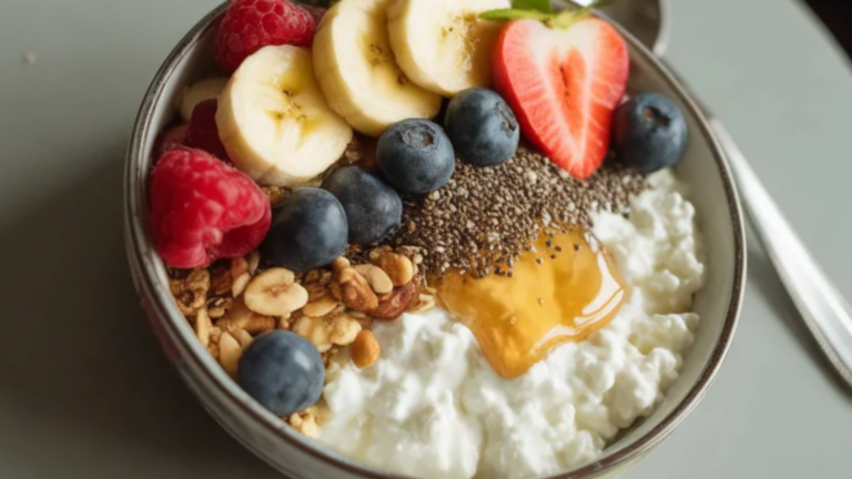 A high-protein cottage cheese bowl topped with fresh strawberries, blueberries, banana slices, granola, chia seeds, and chopped nuts on a white table with natural morning light.