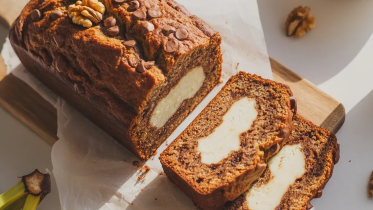 A sliced loaf of moist banana bread made with cottage cheese on a white table, golden brown crust, soft fluffy interior, with chocolate chips and walnuts on top, styled like a food blogger shot.