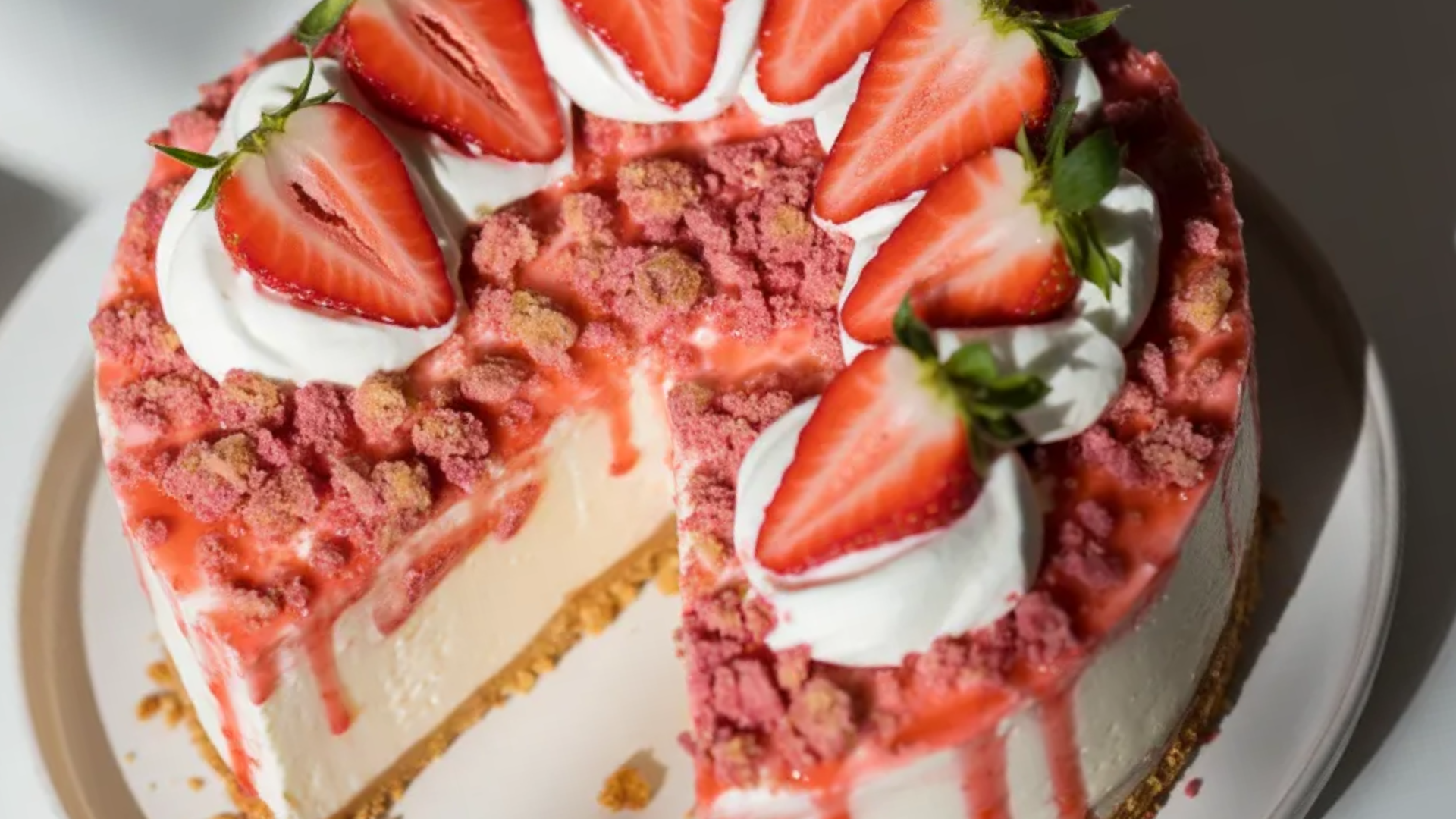 Strawberry Crunch Cheesecake on a white table with creamy layers and pink crunchy topping, topped with fresh strawberries and whipped cream