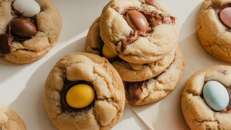Plate of homemade brown butter cookies with Cadbury mini eggs, some cookies cracked open to show gooey chocolate, on a white table with natural light.