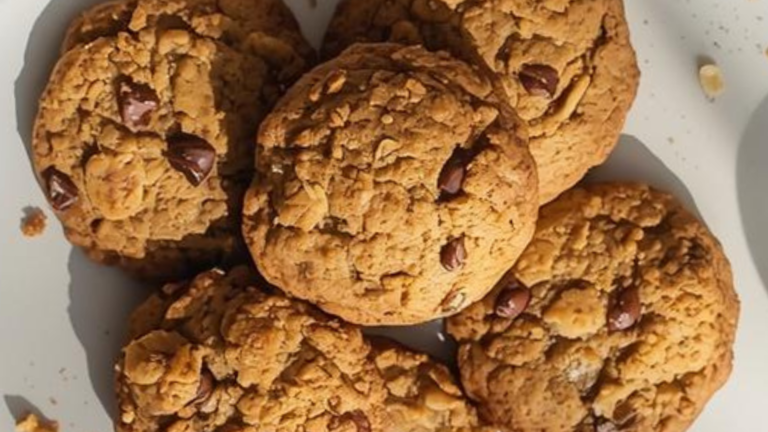 “Freshly baked Banana Oat Cookies on a white plate with a glass of milk on a white table, soft natural lighting, chocolate chips and banana slices around”