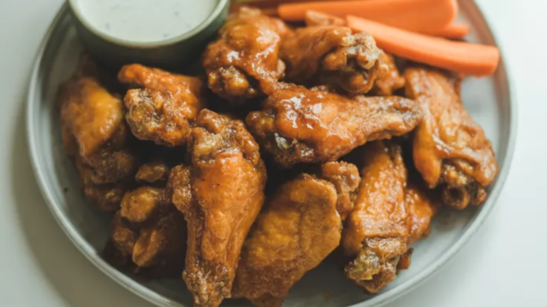 “Plate of golden crispy Hot Honey Wings with sticky honey and spicy sauce, served with celery sticks and ranch dip on a white table.”