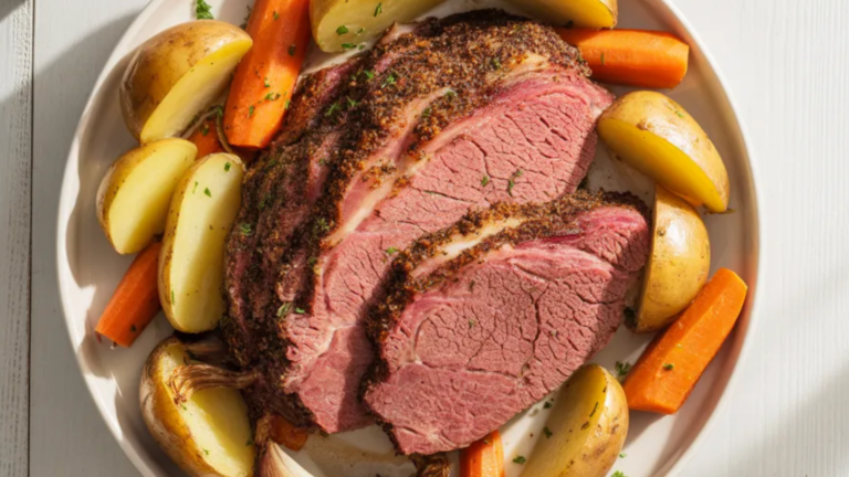 “Juicy baked corned beef sliced on a white plate with roasted potatoes and carrots, styled like a cozy family dinner.” 🥩🥔🥕