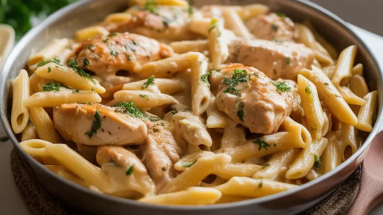 “One pan creamy chicken pasta with tender chicken, penne pasta, and Parmesan, garnished with fresh parsley on a white table in natural light”