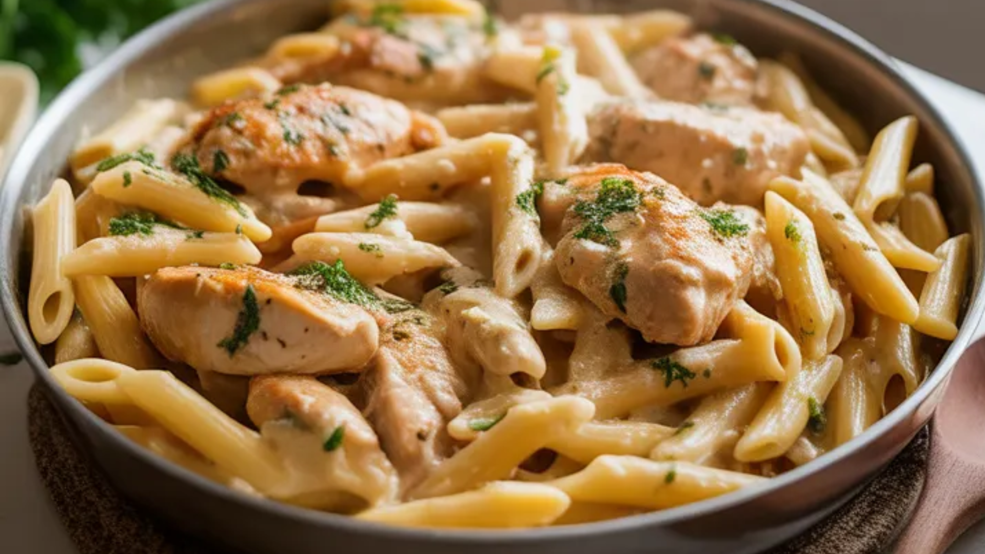 “One pan creamy chicken pasta with tender chicken, penne pasta, and Parmesan, garnished with fresh parsley on a white table in natural light”