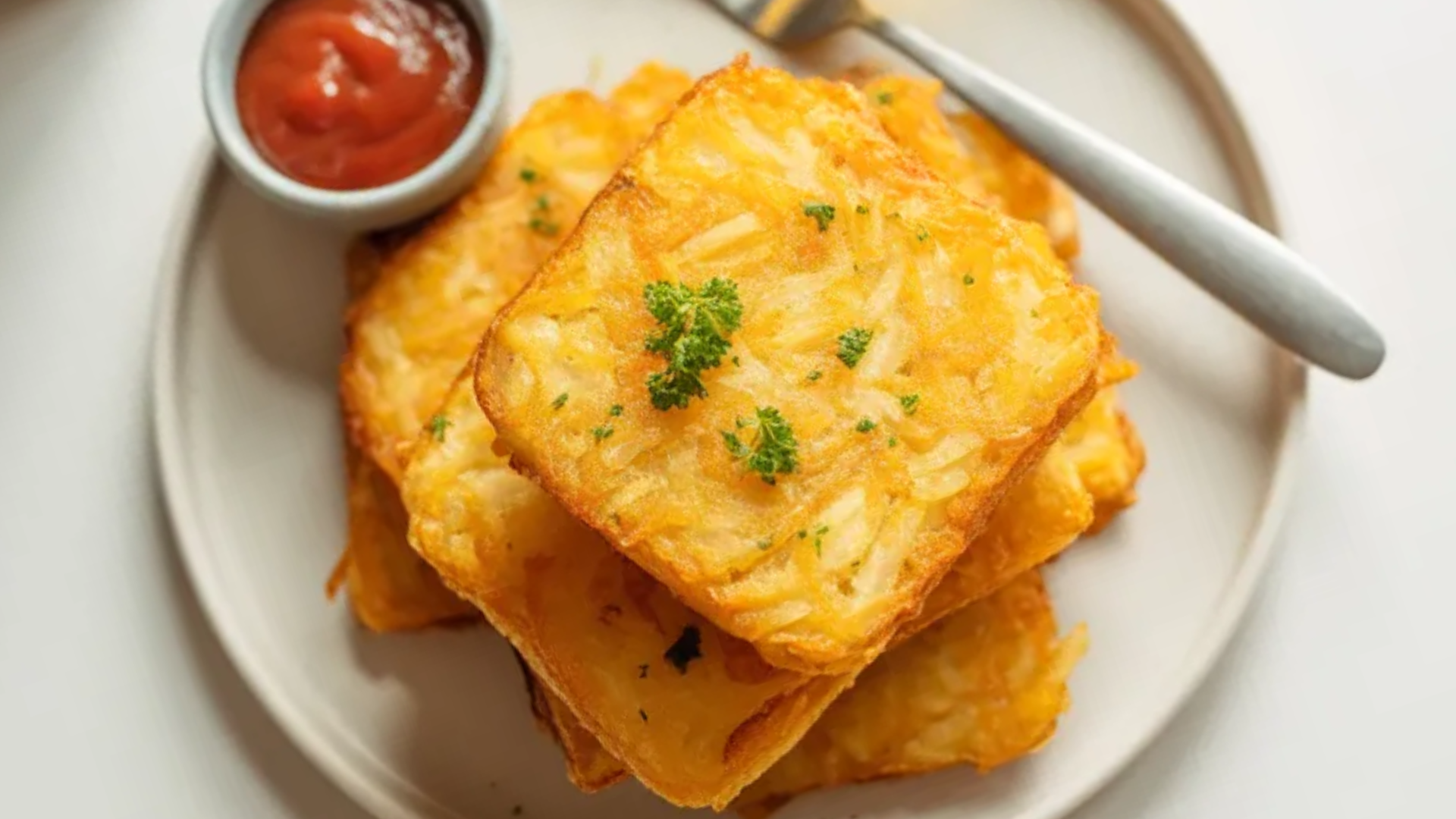Delicious breakfast hash browns garnished with parsley and served on a minimal white table with soft morning lighting