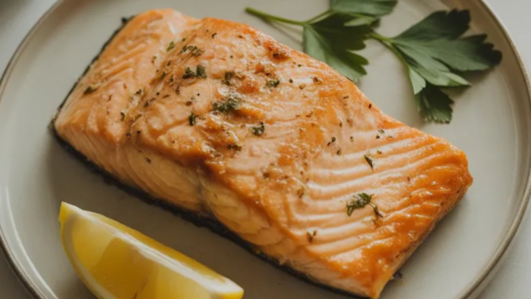 A perfectly cooked air fryer salmon fillet on a white plate garnished with fresh parsley and a lemon wedge, ready to eat.