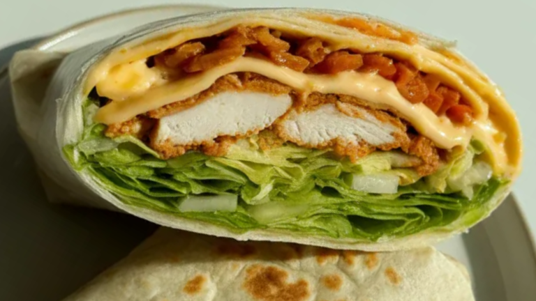 A freshly cooked tortilla wrap hack cut in half, showing layers of melted cheese, chicken, lettuce, and sauce on a white plate with natural lighting.