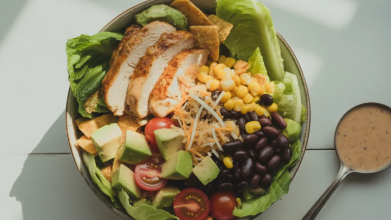 Spicy Southwest Salad with grilled chicken, avocado, corn, and black beans served in a white bowl on a clean table